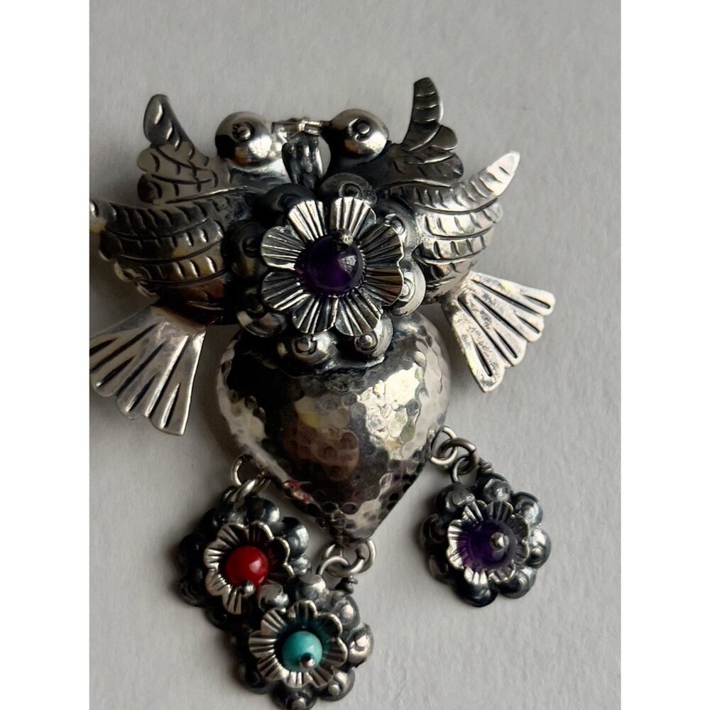 Handmade Mexican Sterling Silver  Love Bird Heart Pendant - Picture 4 of 15